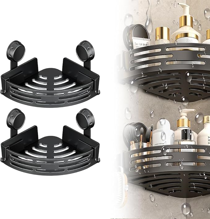 Triangle Suction Cup Corner Shelves, 2026 No Drilling Bathroom Storage Rack, Corner Shower Shelf Suction Cup Shower Caddy Corners Organizer Storage Rack Adhesive with Towel Bar (black, Double-layer)