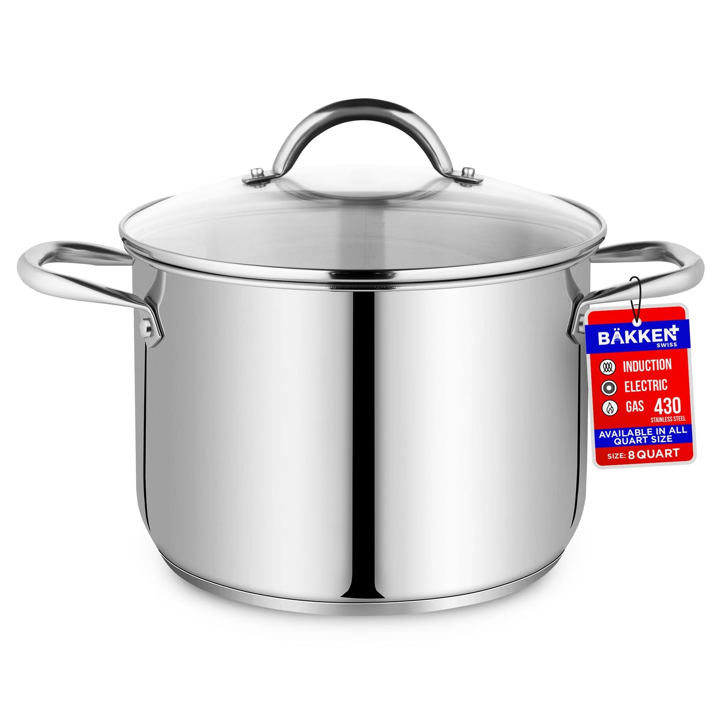 Stainless Steel Stockpot with Tempered Glass Lid 3 Quart, Durable 18/0 Stainless Steel, Impact-Bonded Base for Even Heating, Riveted Handles, Oven & All Stove Compatible, Safe Up To 500°F (260°C)