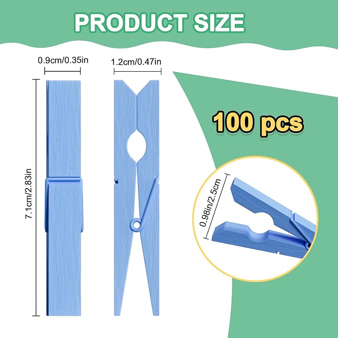 100Pcs Blue Clothespins, 2.9 Inch Clothes Pins Wooden, Colorful Clothespins for Hanging Clothes Crafts Picture Laundry Clips Cheer