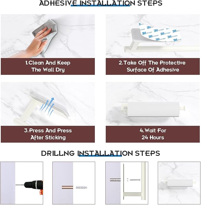 ASTOFLI Paper Towel Holder Under Cabinet No Drilling, Self Adhesive Paper Towel Holder Wall Mount for Kitchen Rack, Under Counter Napin Holder No Drill, RV, 304 Stainless Steel, White 2 Pack