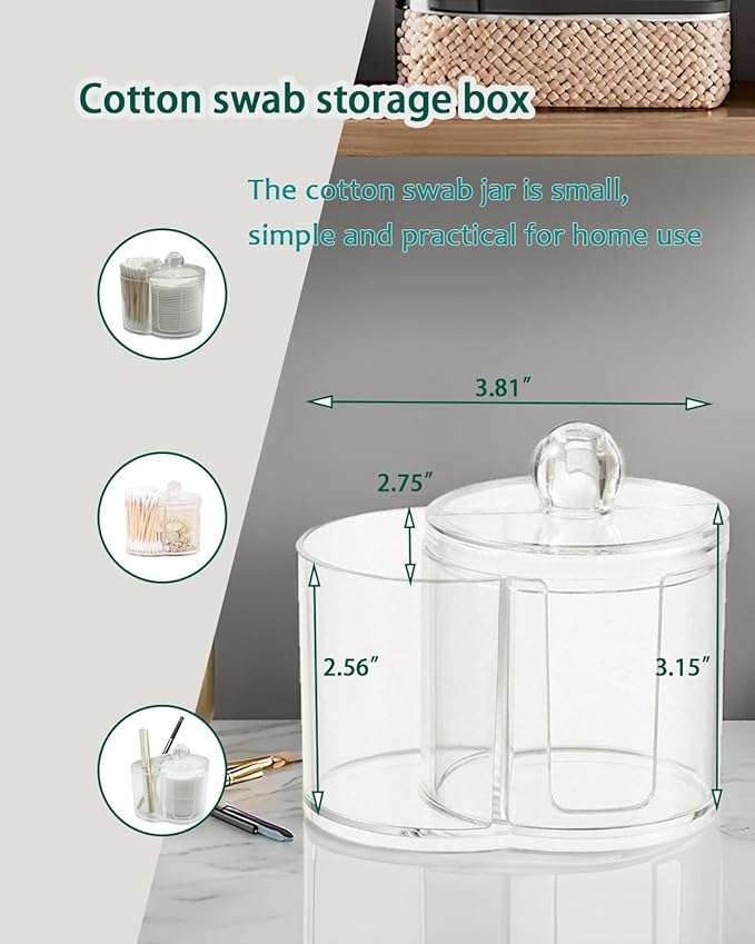 Akosale Makeup Pad Holder with Lid and Cotton Swab Storage, Clear Plastic 2-in-1 Dual Compartment Bathroom Vanity Organizer, Durable PS Canister for Cotton Rounds, Dental Flossers and Hair Ties