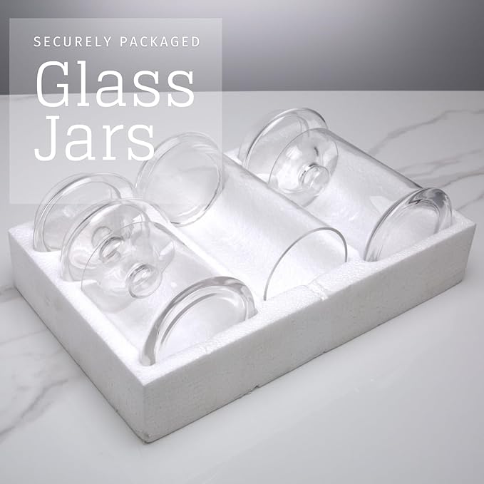 Glass Apothecary Jars with Lids, Set of 3 - Bathroom Storage Organizer for Qtips, Cotton Balls, Bath Salts, Candy, Kitchen & Home Decor (11", 8.5", 7.5" Heights)
