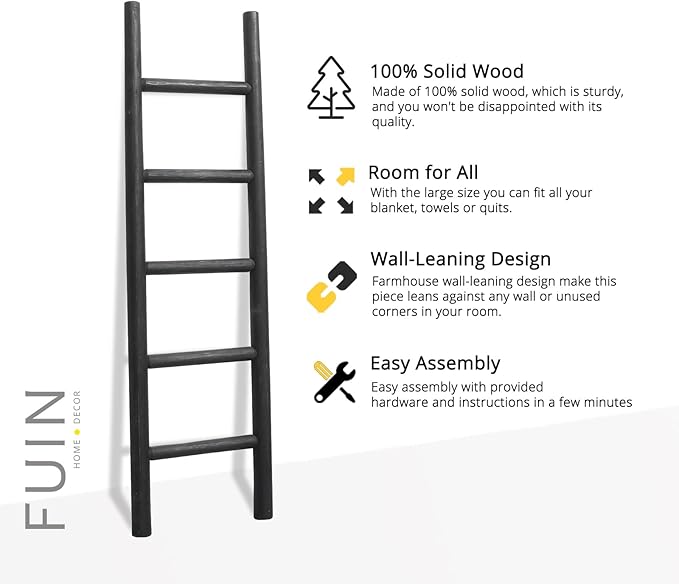 FUIN 57in Wood Blanket Ladder Living Room Decorative Wall Leaning Farmhouse Quilt Display Holder Rustic Wooden Towel Rack for Bathroom, Black