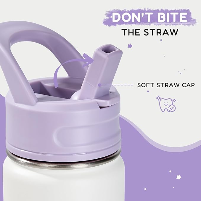 12oz Kids Water Bottle for School, Toddler Bottles with Straws, Stainless Steel Vacuum Insulated Water Bottle for Boys&Girls, Leak-Proof, BPA-Free, Gentle Purple
