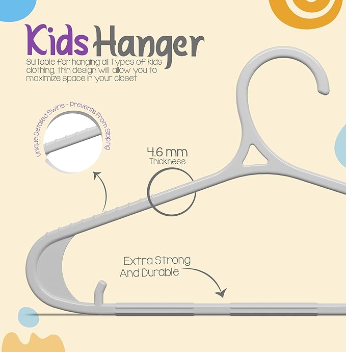 Utopia Home Kids Hangers 20 Pack - 11 Inch Plastic Baby Hangers for Closet - Childrens Hanger for Clothes & Infant Hanger for Closet - Non-Slip Shoulder Grooves, Strap Hooks & Pants Bar (Grey)