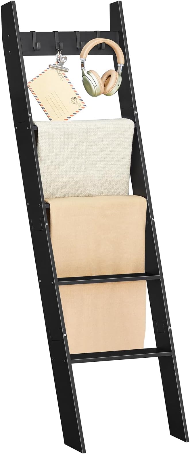 HOOBRO Blanket Ladder for Living Room and Bedroom, 5-Tier Wall Leaning Towel Rack for Bathroom, Decorative Ladder Shelf with 4 Removable Hooks, Farmhouse Blanket Storage, Black BB51CJ01G1