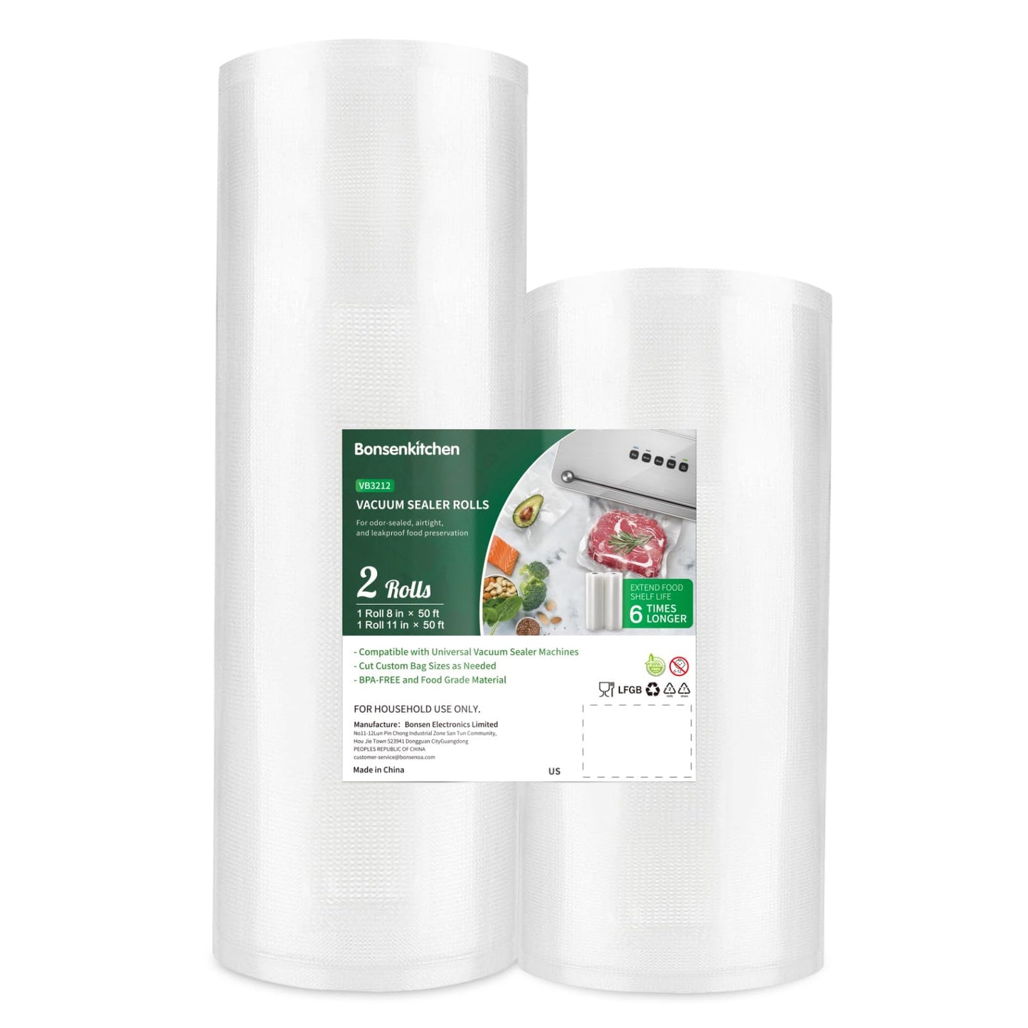 Bonsenkitchen Vacuum Sealer Bags, 8" x 50' Rolls 2 pack for Food Storage