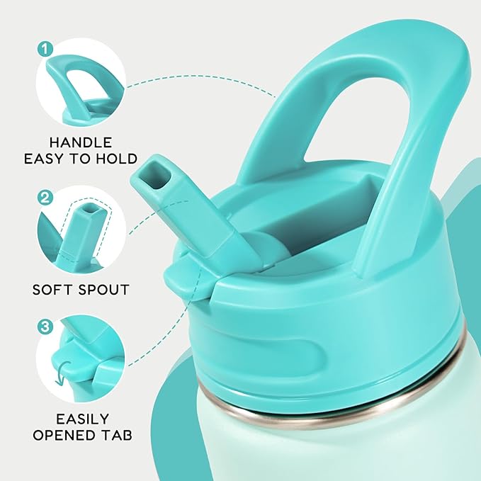 12oz Kids Water Bottle for School, Toddler Bottles with Straws, Stainless Steel Vacuum Insulated Water Bottle for Boys&Girls, Leak-Proof, BPA-Free, Serenity
