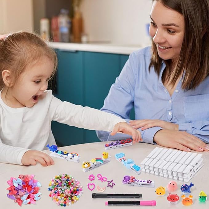 JOICEE 80 Set Cheer Pins Spirit Clips,Clothes pins Include 126 Mini Resin Animals Bows and Self Adhesive Stickers Pen 300 Beads Pearls for Backpacks Ribbon Team Classroom Cheer Gifts Bulk(White Wood)