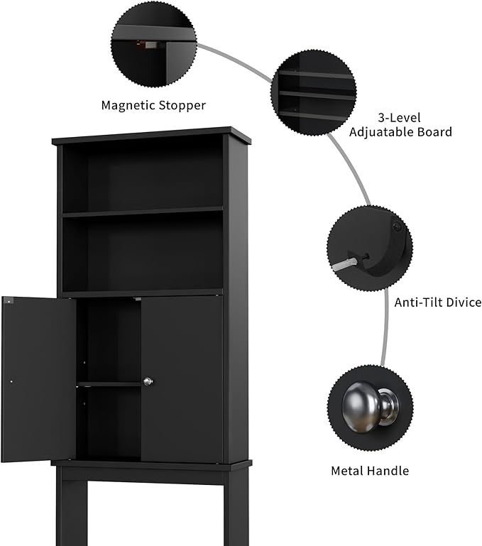 Shintenchi Over The Toilet Storage Cabinet, Bathroom Above The Toilet Rack, Bathroom Adjustable Shelf Organizer with Open Bottom Bar and Anti-Tip Device, Black