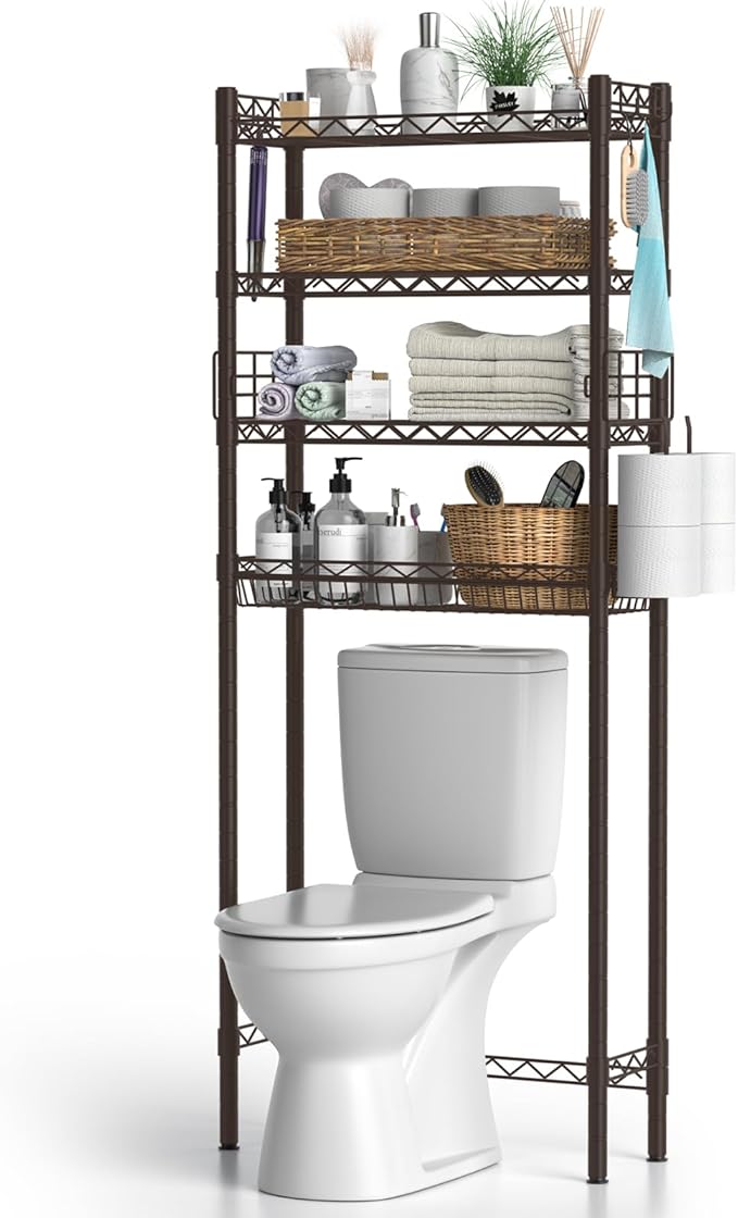 Over Toilet Storage Shelf, 4-Tier Bathroom Organizer Storage Shelves Over The Toilet, Adjustable Over The Toilet Shelf Above Toilet Rack Freestanding Bathroom Space Saver Over Toilet, Espresso