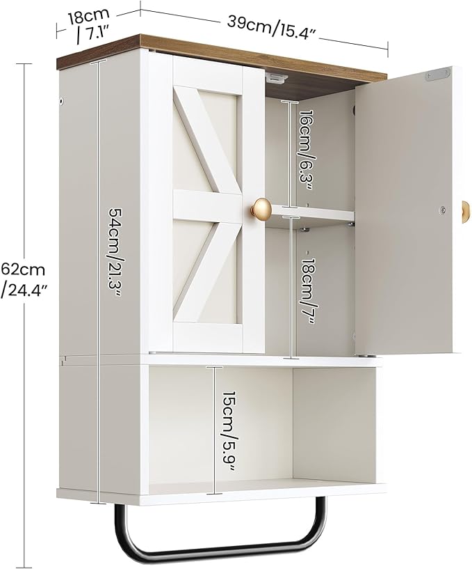 Bathroom Wall Cabinet, Medicine Cabinet with Open Partition and Towel Bar, Rustic Storage Cabinet with Open and Hidden Storage Space, for Bathroom, Living Room, Kitchen, White and Walnut