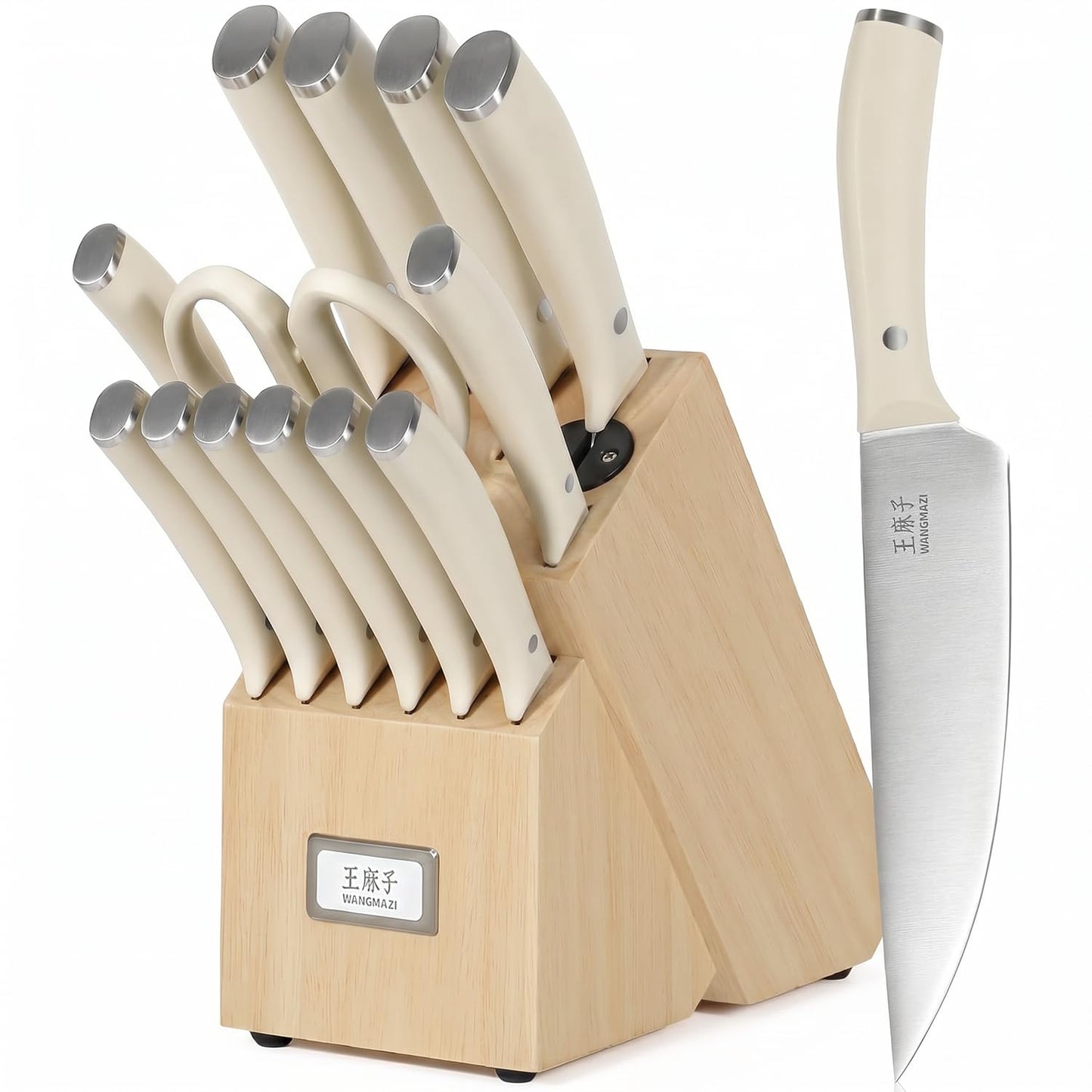 WANGMAZI 15‑Pcs Knife Block Set, High Carbon Steel, Natural