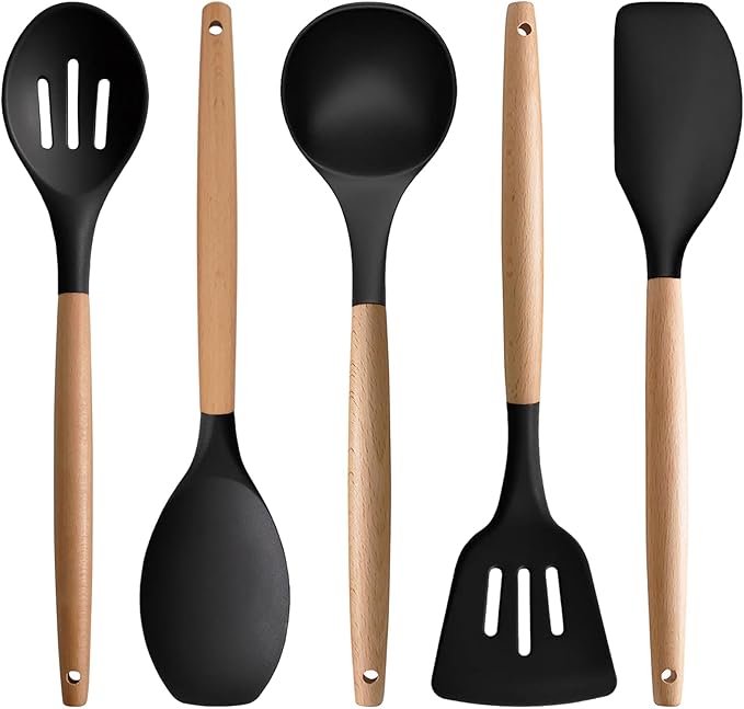 IOCBYHZ Silicone Cooking Utensils Set 5Pcs Non-Stick Silicone Kitchen Utensils for Cooking, Heat Resistant Kitchen Gadgets Spatula Spoon Turner Set with Wooden Handles for Non-Stick Cookware BPA Free