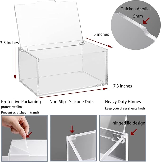 rejomiik Acrylic Dryer Sheet Holder Clear Dryer Sheet Dispenser Container Box with Lid and Anti Scratch Film for Laundry Room Fabric Softener Sheets Storage Organization, Transparent