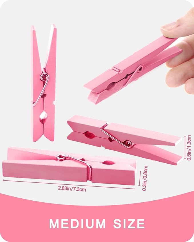 Clothes Pins, Pink Colored Wooden Clothespins for Baby Shower Game, Wreath, Crafts, Strong Grip Close Pins Birchwood Clips Clothespin Clothing Pegs for Hanging Clothing Photos, 2.83 Inch, Pack of 50