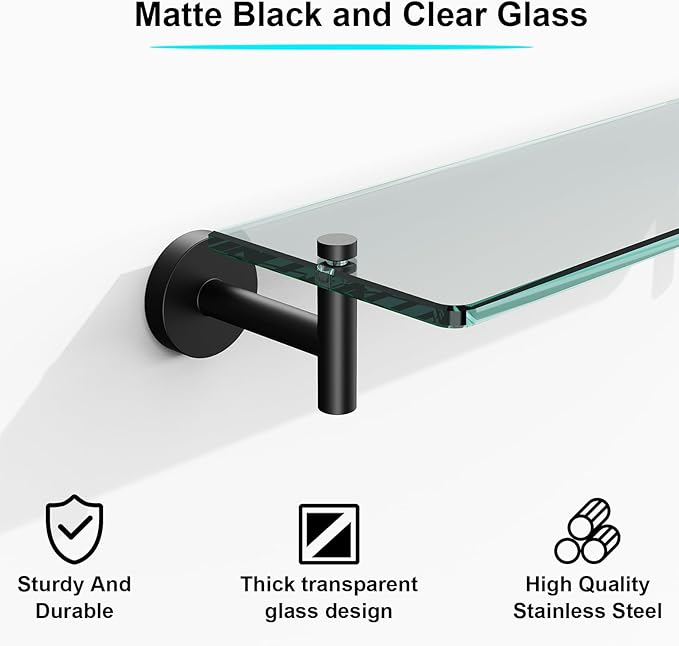 Glass Shelves for Bathroom,16-Inch Matte Black Floating Bathroom Shelf Stainless Steel Tempered Glass Shelf Modern Shelves Wall Mounted