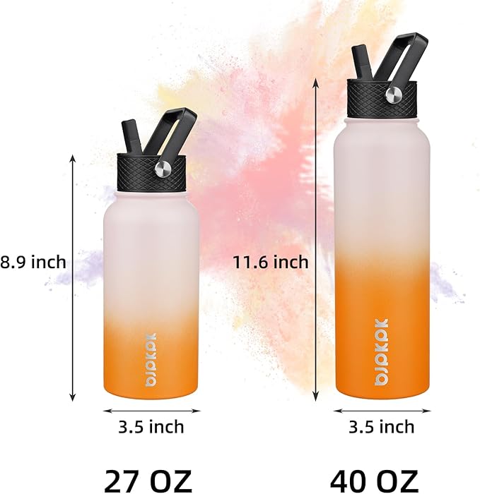 BJPKPK Insulated Water Bottles with Straw Lid, 40oz Stainless Steel Water Bottles with 3 Lids, BPA Free Leakproof Thermo, Tumblers, Cups for Sports, Gym- Coral