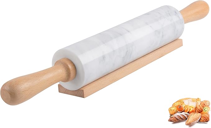SIPARUI Marble Rolling Pin with Wooden Cradle Thick Handle Set for Baking,18.5 inch Premium Quality Polished Roller for Pizza Dough,Fondant,Pie Crust,Non-Stick Surface Easy to Clean(White)