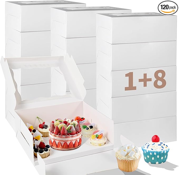 PFAMKEER Bento Cake Box With Cupcakes, Clear Window 5 Holes Bento Combination,6 Sets: Cookie Boxes Fit 4 Regular Cupcake and Mini Cakes, Christmas Wedding Birthday Party (White/clear, 1+4/6pcs)