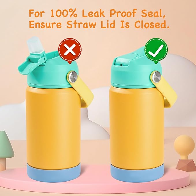 Kerilyn 12oz Kids Water Bottle 2 Pack, Stainless Steel Insulated Water Bottle Bulk, Toddler Cups with Straws Leak-Proof, Kids Water Bottles for School Boys Girls, BPA Free, 2 Piece Set Melon Couple