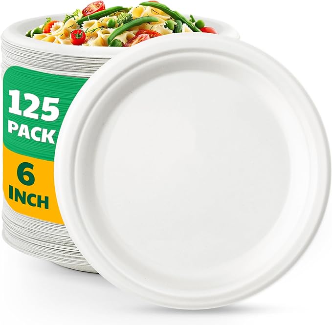 Joyborn Heavy Duty Compostable Paper Plates 9 Inch, Natural, 125 Pack