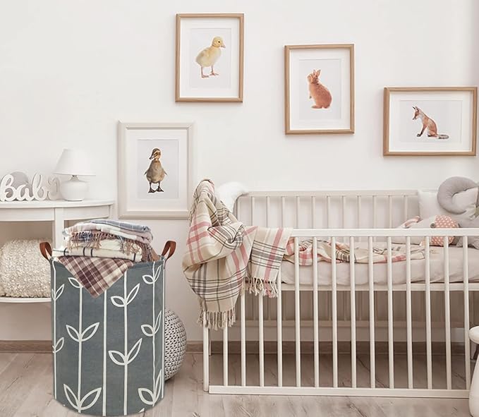 HIYAGON Large Storage Baskets,Waterproof Laundry Baskets,Collapsible Canvas Basket for Storage Bin for Kids Room,Toy Organizer,Home Decor,Baby Hamper (Grey leaves)