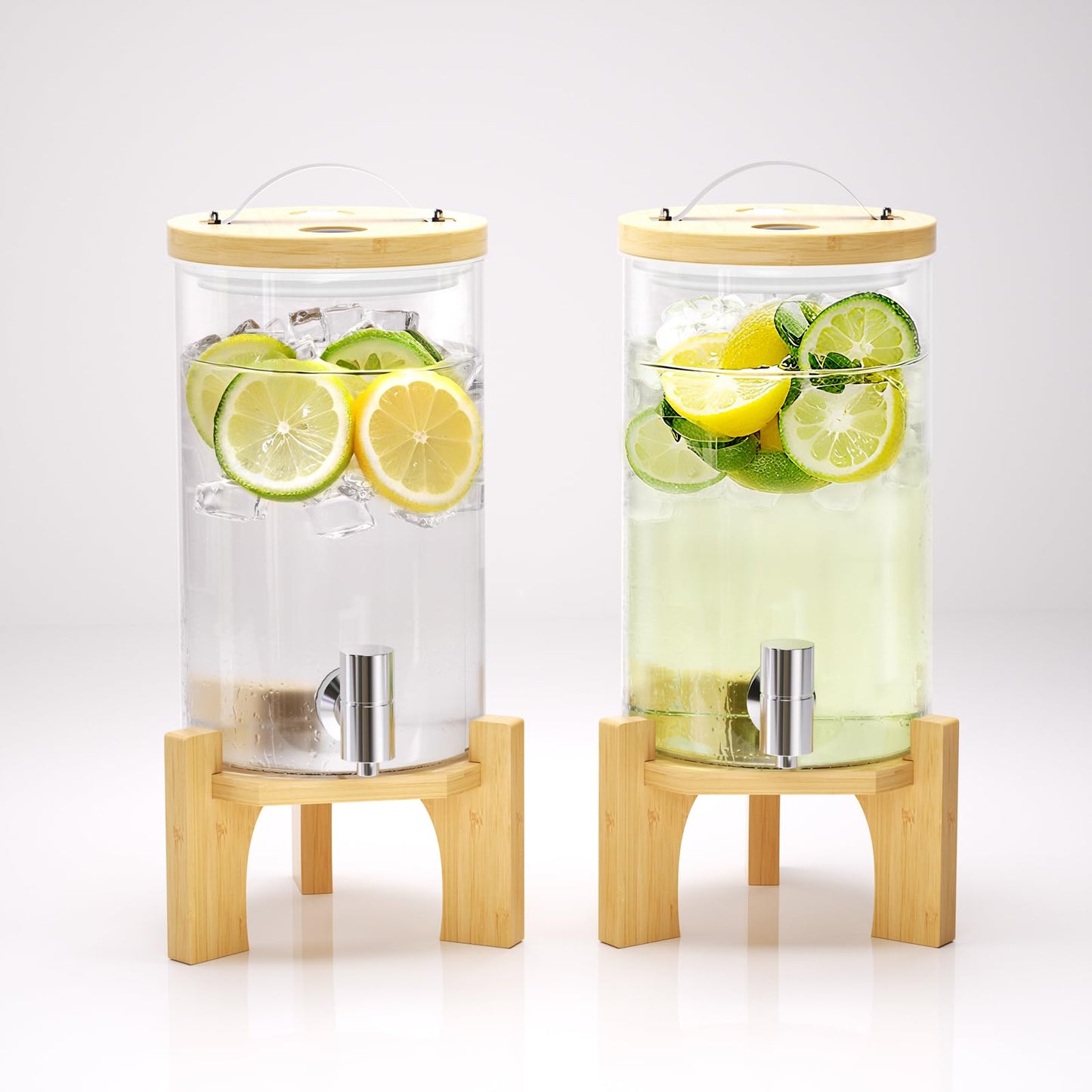 VOVUVK 1 Gallon Glass Drink Dispenser For Parties, Beverage Dispenser With Bamboo Wood Stand And Stainless Steel Spigot, Countertop Water Dispenser, Lemonade Dispenser For Wedding, Picnic (2PACK)