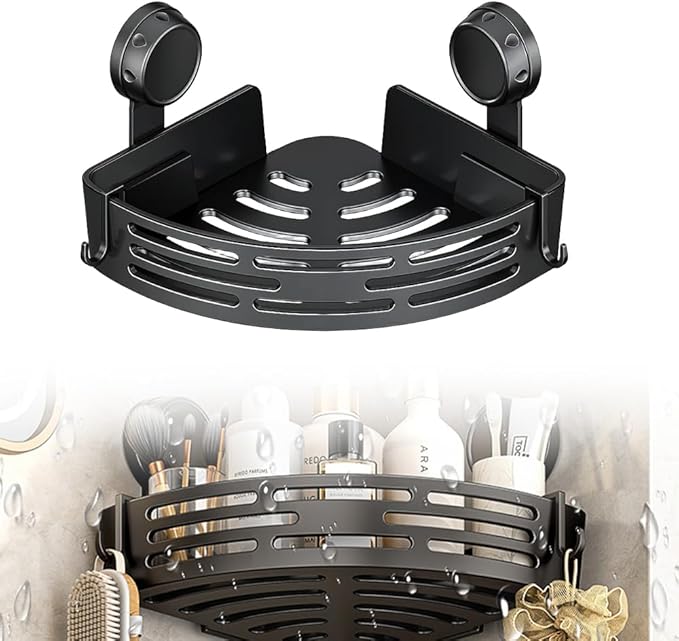 Triangle Suction Cup Corner Shelves, 2026 No Drilling Bathroom Storage Rack, Corner Shower Shelf Suction Cup Shower Caddy Corners Organizer Storage Rack Adhesive with Towel Bar (black, single-layer)