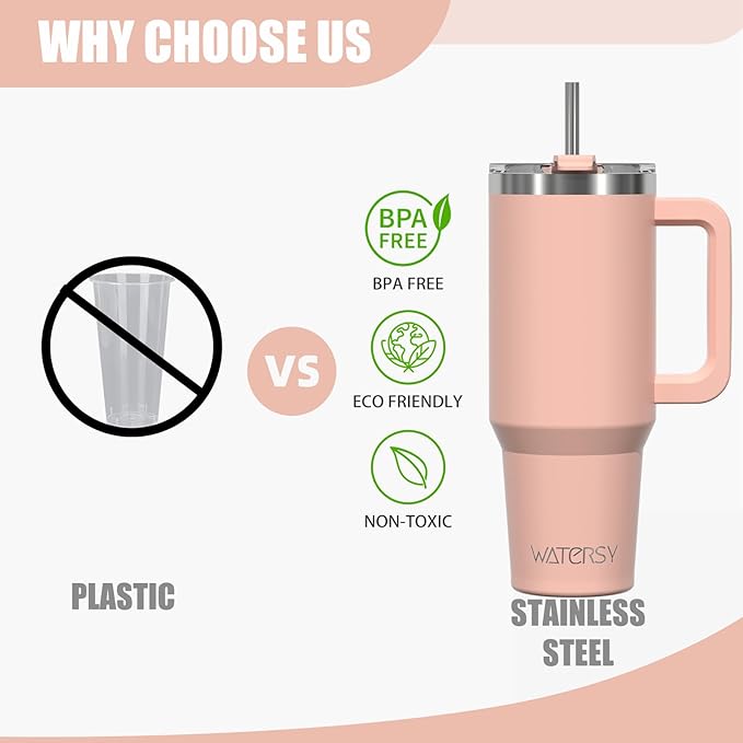 40 oz Tumbler with Handle,Tumbler with Lid and Straw,Double Wall Insulated Cup Stainless Steel Travel Mug(Cold for 34 Hours),Water Bottle for Iced Tea,Coffee,Cold Beverages(Pink)