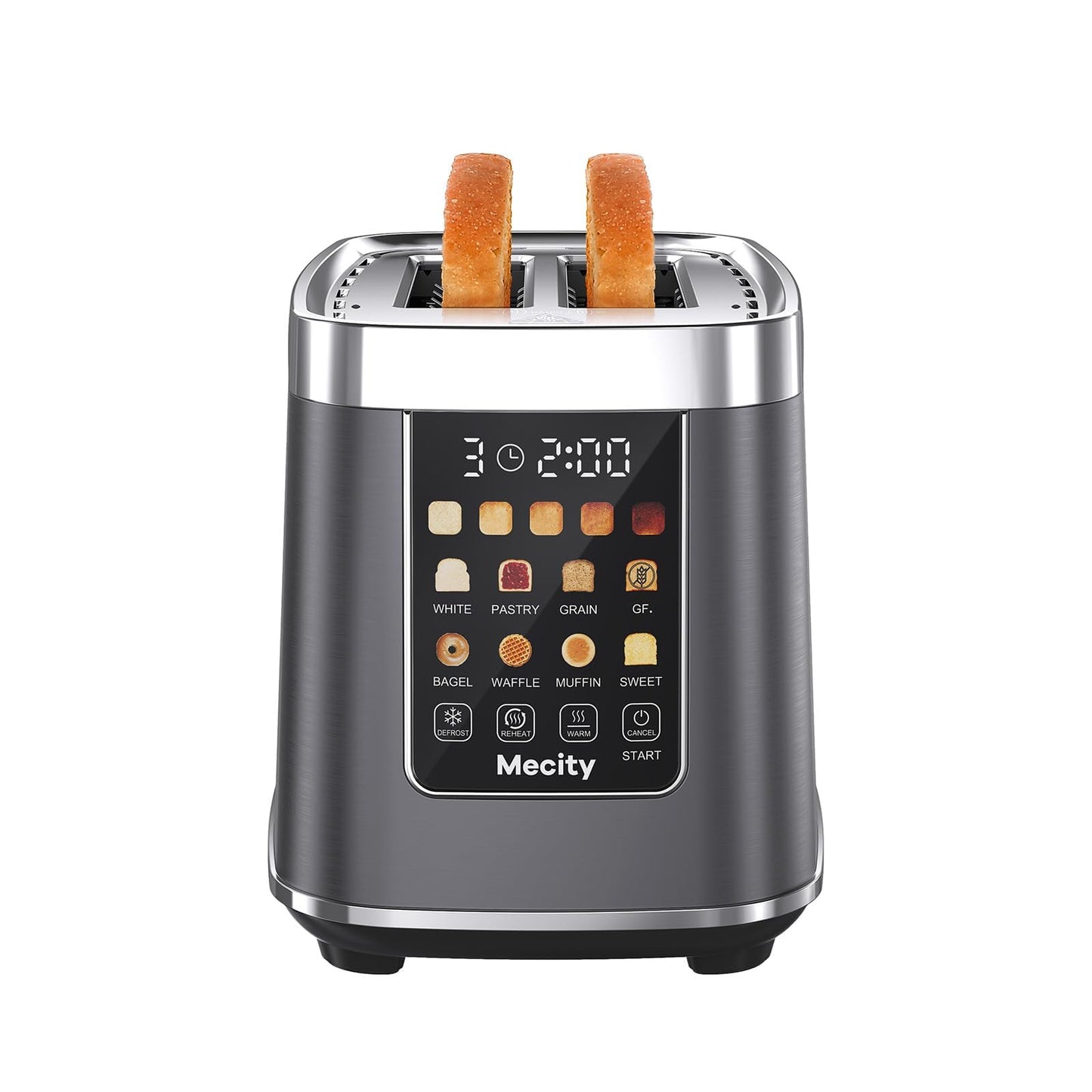 Mecity Motorized Toaster 2 Slice with Touch Screen, Stainless Steel Smart Toaster, 8 Bread Types, 5 Shade Levels, 1200W High Power, Keep Warm Mode, Reheat Defrost Functions, 120V