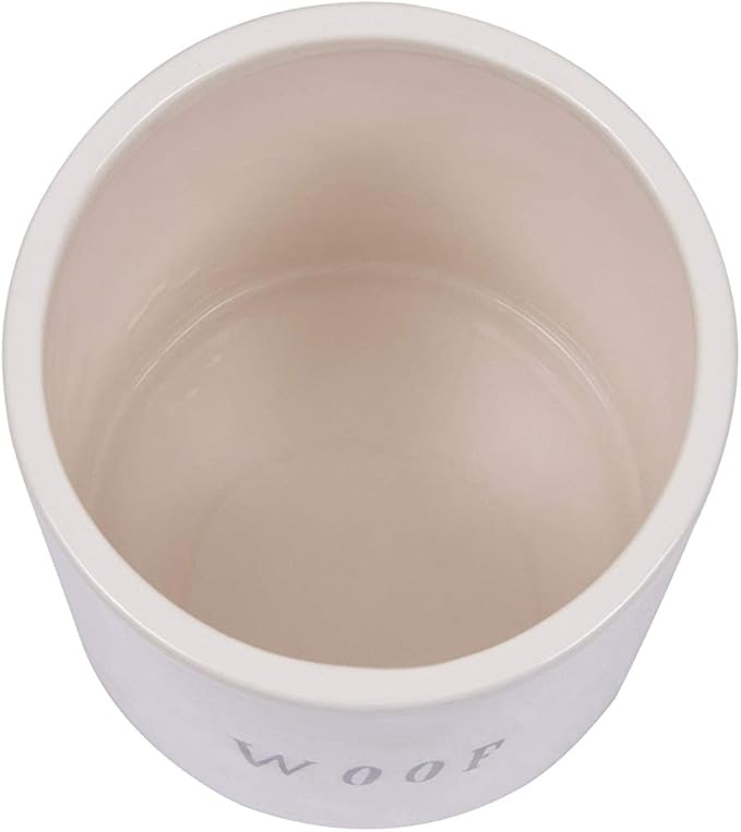 Creative Co-Op Ceramic Dog Treat Jar with Woof Message and Bone Handle Lid, White and Black
