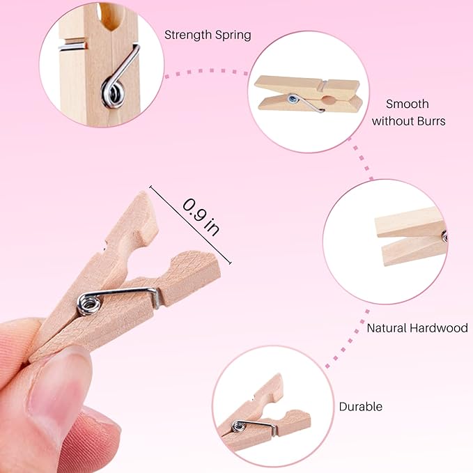 Small Clothes Pin, Mini Clothespins, 100 PCS Mini Clothes Pins Wooden with Storage Bag, Small Clothes Pins for Photos, Crafts, Hanging Clothes, Baby Shower, Display Artwork