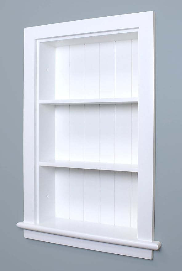 Fox Hollow Furnishings 14x24 Aiden Recessed Wall Niche Medicine Cabinet Replacement, in The Wall Bathroom Cabinet Insert Shelf/Shelves, Made in North America, Real Wood, NO MDF, Beadboard, White