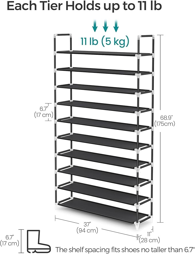 SONGMICS Shoe Rack, 10-Tier Shoe Shelf, Shoe Storage Organizer, 11 x 37 x 68.9 Inches, Metal Frame, Non-Woven Fabric Shelves, for Entryway, Bedroom, Black ULSH11H