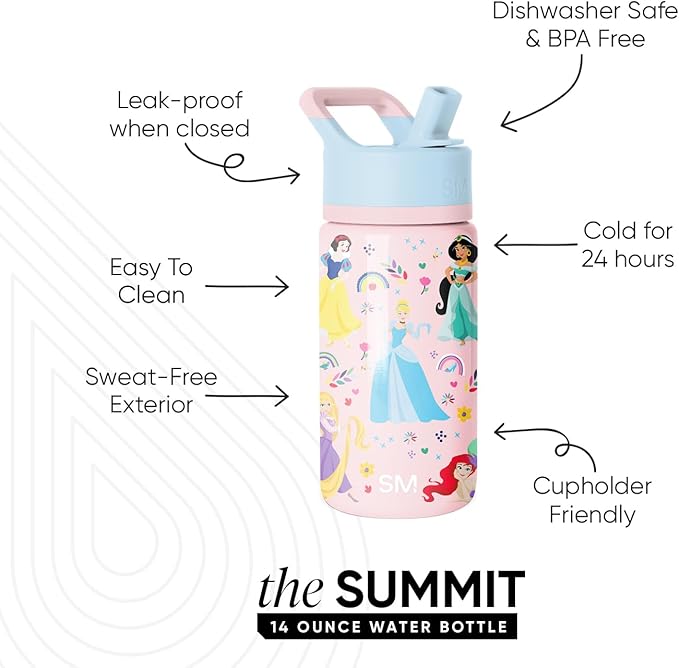 Simple Modern Kids Summit Water Bottle with Straw Lid | Disney Princess 14oz Stainless Steel Cup Insulated Tumbler for Girls, School | Princess Rainbows