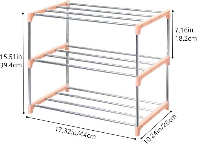 Stackable Small Shoe Rack, Entryway, Hallway and Closet Space Saving Storage and Organization (3-Tier, Pink)
