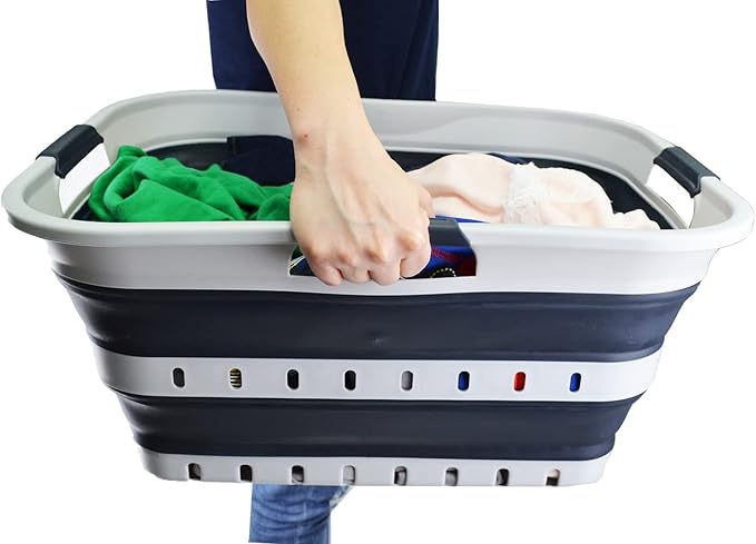 SAMMART 42L (11 gallon) Collapsible Plastic Laundry Basket - Foldable Pop Up Storage Container/Organizer - Space Saving Hamper/Basket (1, Grey/Slate Grey)