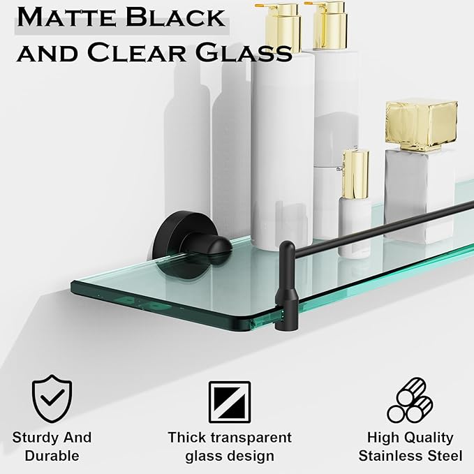 24 Inch Glass Bathroom Shelves,Matte Black Floating Shelves for Wall Rectangular Modern Stainless Steel Glass Shelf for Bathroom Shelves Wall Mounted
