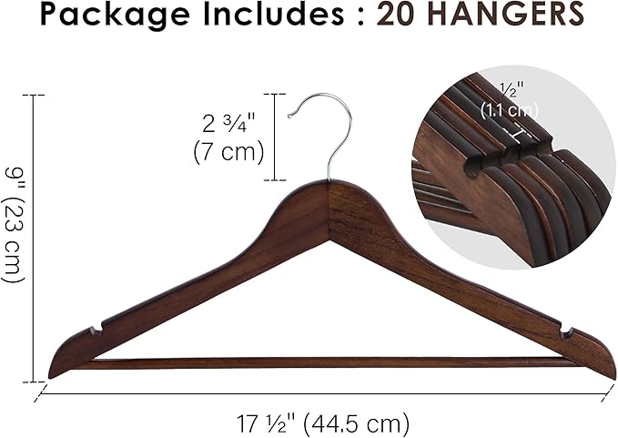 StorageWorks Wooden Coat Hanger, Wood Clothes Hangers, Walnut Brown, 0.5" T (20 Pack)