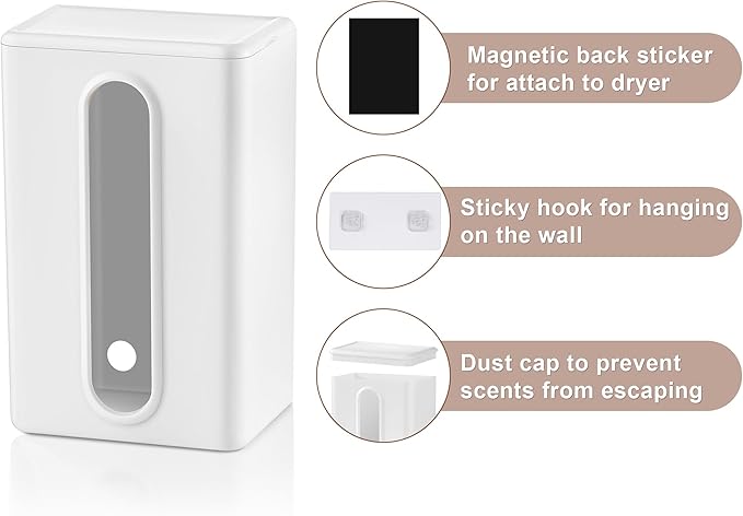 SUBEKYU Magnetic Dryer Sheet Holder for Laundry Room, Dryer Sheet Container,Dryer Sheet Dispenser,Wall Dryer Sheet Box for Laundry Organization and Storage,Plastic Fabric Sheet Holder with Lid,White