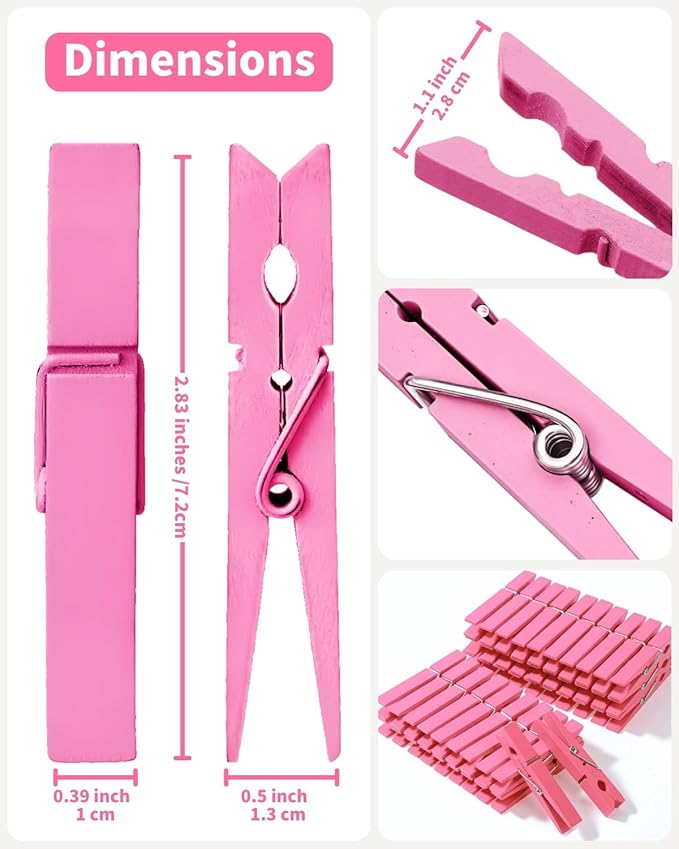 Pink Clothes Pins for Baby Shower 2.9" 50 Pack (Colored Clothespins Cheer Pin for Backpacks Decorations Team Games Decorative Crafts Pegs Photos Pictures Decoration Clip Clothing Hanging Closepins)