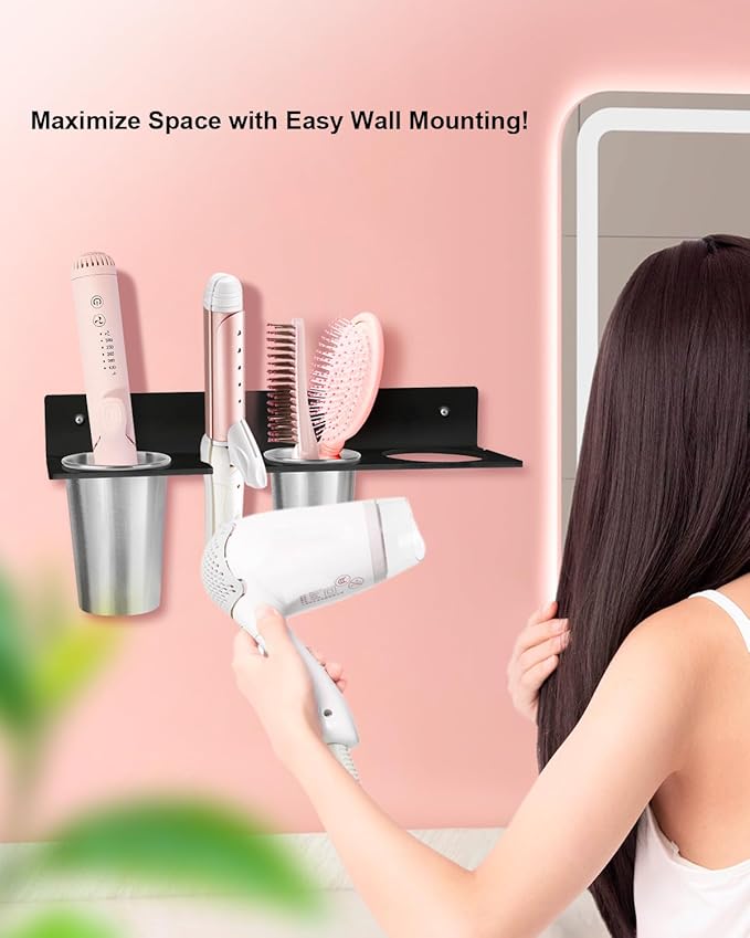 Hair Tool Organizer, Hair Dryer Holder with Heatproof Steel Cups, Acrylic Vanity Organizer for Curling Iron, Flat Iron & Hair Brushes, Perfect for Bathroom (Black, Oversized)