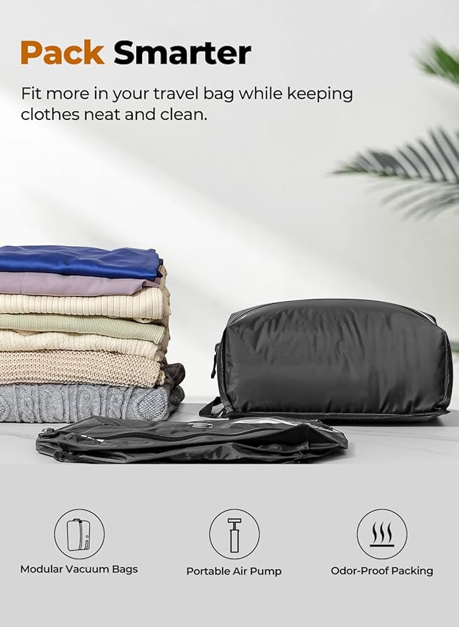 POIXM Vacuum Bags for Travel with Pump, Reusable Space Saver Bag, IP67 Waterproof Vacuum Packing Cubes for Travel Suitcases and Backpack (1PC + PUMP)