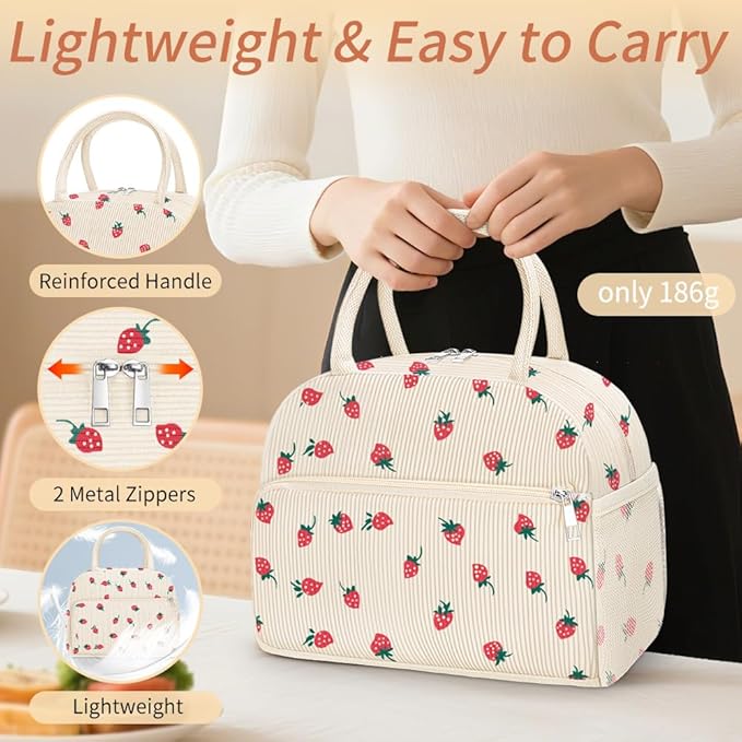 Coobiiya Corduroy Lunch Bag Lunch Box for Women Men, Cute Strawberry Lunch Tote Bags Insulated Reusable LunchBox Large Capacity Cooler Bag for Work Travel Picnic