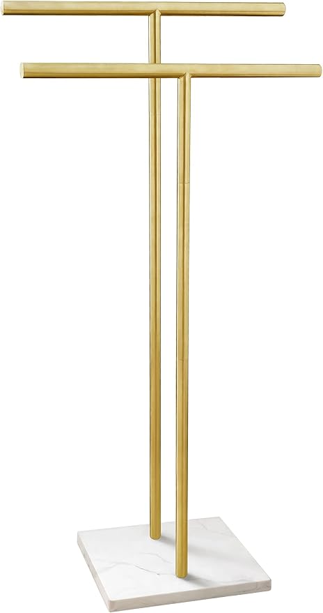 40 Inch Standing Towel Rack for Bathroom Floor Double-T Shape Bath Sheet Holder with Marble Design Base Towel Rack Freestanding Next to Tub or Shower Towel Holder Stand SUS304 Brushed Gold