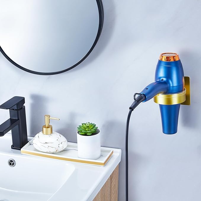 Hair Dryer Holder Wall Mounted, Blow Dryer Holder, Hair Tool Organizer for Hair Dryer Storage Hanger, Adhesive Hairdryer Holder for Bathroom Barber Shop (Gold)