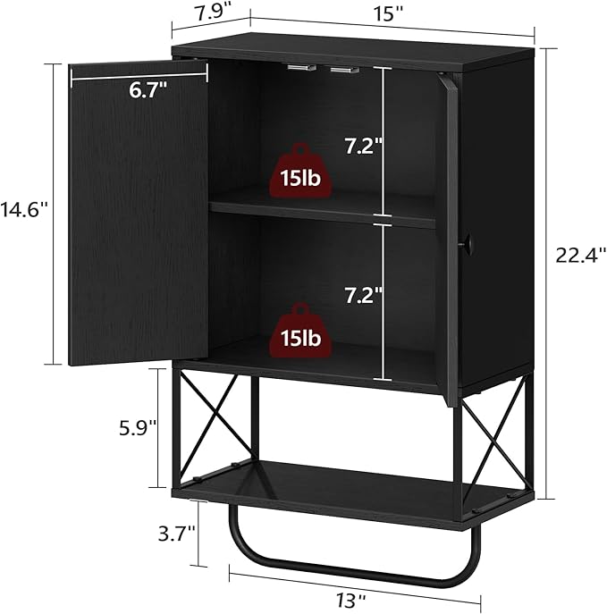 Bathroom Wall Cabinet with 2 Door and Adjustable Shelf, Farmhouse Medicine Cabinet with Towel Rack, 3-Tier Wall Mounted Storage Cabinet Over The Toilet for Bathroom Laundry Room, Black