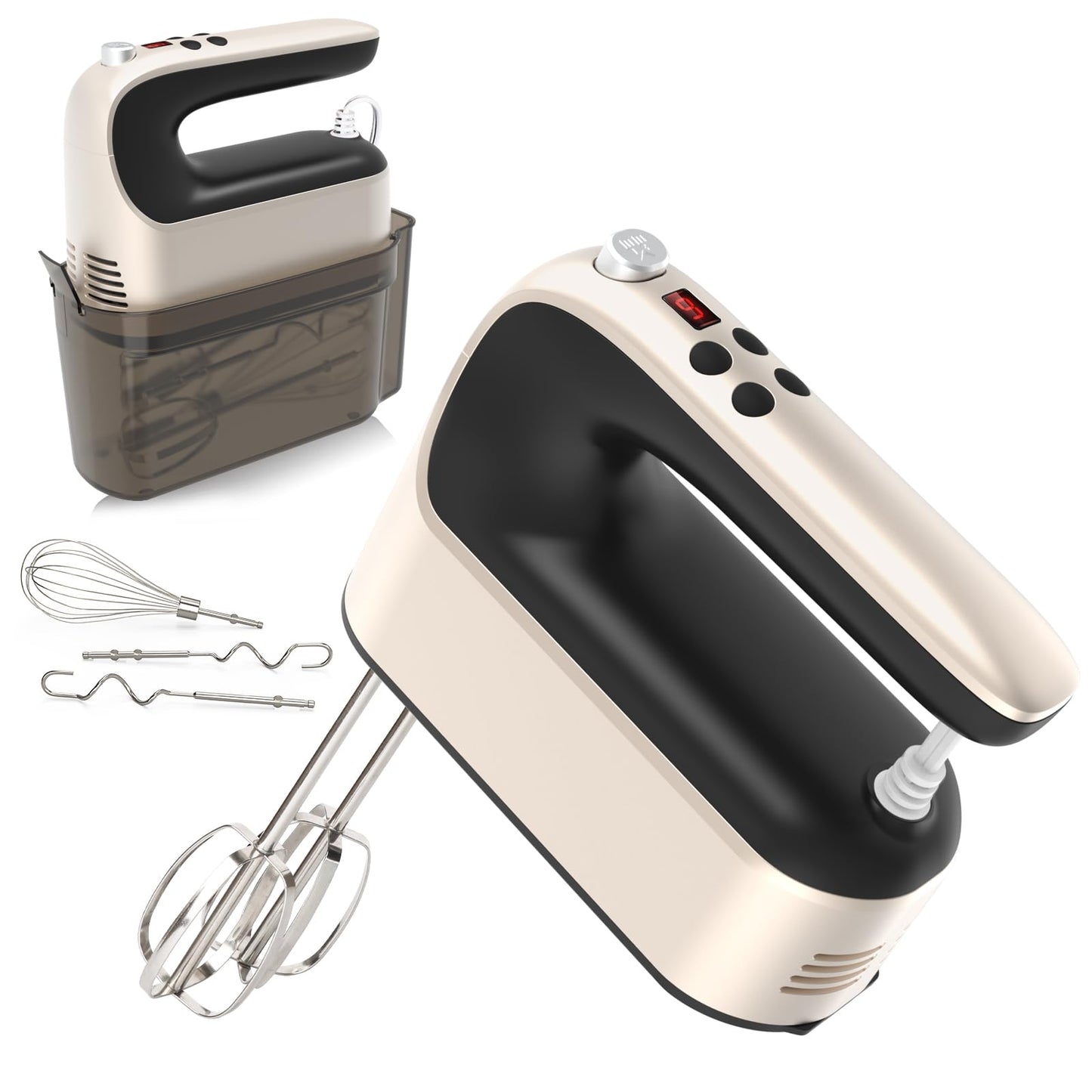 Yomelo 9-Speed Digital Hand Mixer Electric, 400W Powerful DC Motor, Hand Mixer Electric Handheld with Snap-On Storage Case, 5 Stainless Steel Accessories, Beaters, Dough Hooks, Whisk(White/Black)