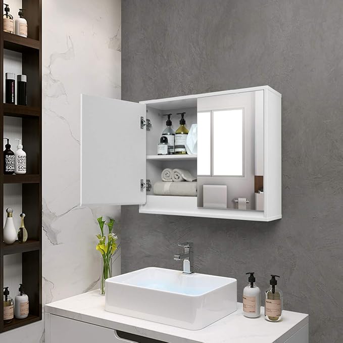 Tangkula Bathroom Medicine Cabinet, 2-Tier Wall-Mounted Storage Cabinet with Double Mirror Doors, Multipurpose Kitchen Bathroom Medicine Storage Cabinet, White (22" x 18")